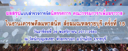 ผลสรุปแบบสำรวจการจัดนิทรรศการ คณะกรรมการฯเพื่อฆราวาส  เนื่องในงานเคารพศีลมหาสนิท สังฆมณฑลราชบุรี ครั้งที่ 15 วันอาทิตย์ที่ 26 พฤศจิกายน 2017/2560 ณ วัดนักบุญเทเรซา ห้วยกระบอก อ.บ้านโป่ง จ.ราชบุรี