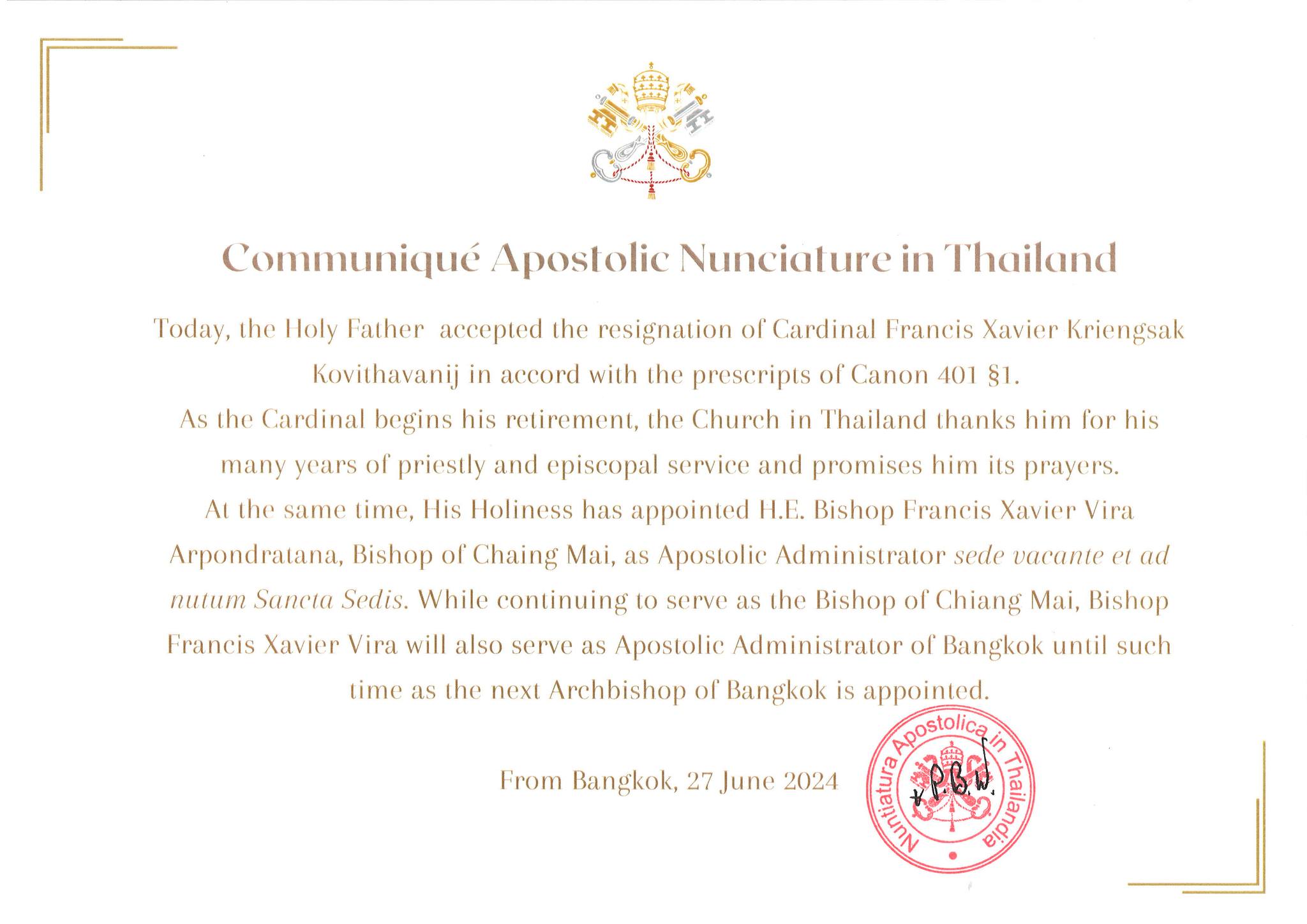 คําแถลงการณ์ของสถานเอกอัครสมณทูตนครรัฐวาติกันประจําประเทศไทย
